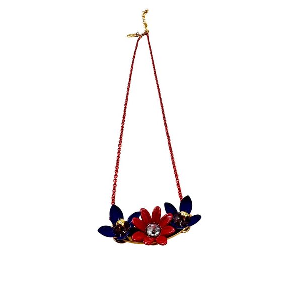 Vintage Red & Blue Floral Necklace With Rhinestone Centerpiece & Pink 14" Chain - Picture 3 of 9